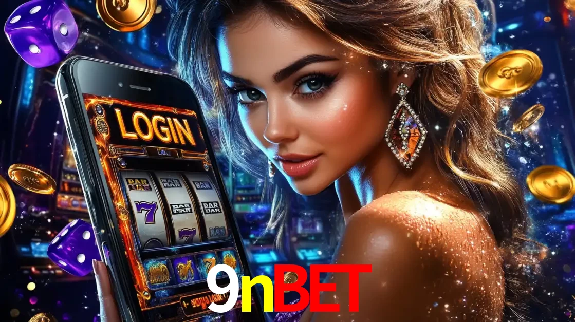 Mulher glamorosa segurando um smartphone com a tela de login para os jogos de caça-níqueis do cassino online 9nbet, com moedas de ouro e dados ao redor.