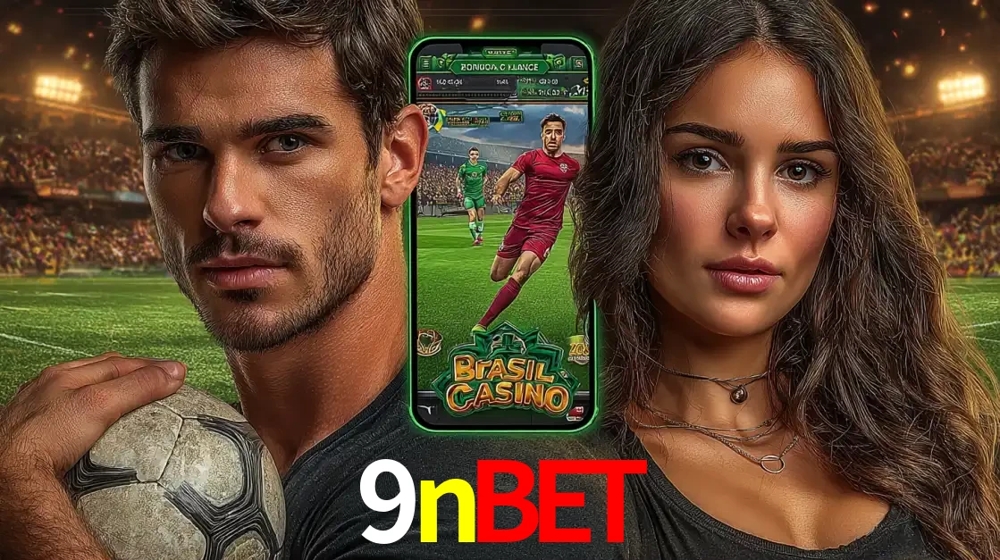 Homem segurando uma bola de futebol e uma mulher ao lado de um smartphone exibindo o jogo de apostas esportivas da 9nbet. Faça seu palpite no cassino online.